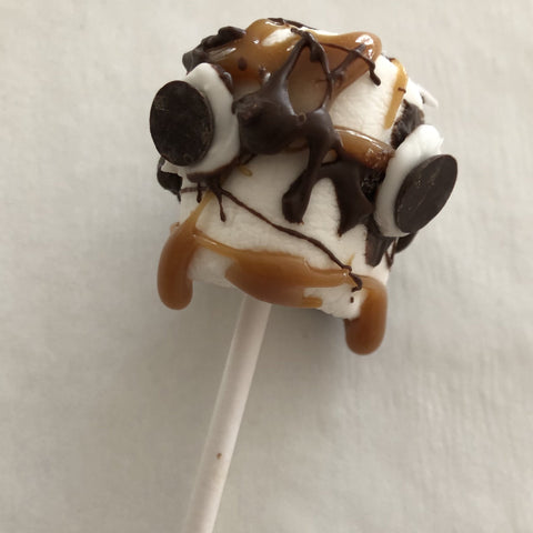Mini marshmallow on a stick . Drizzle of carmamel, chocolate and spooky eyes