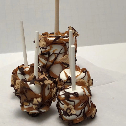 Large and small marshmallows on a stick drizzled with caramel graham crackers and chocolate